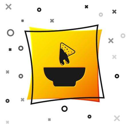 Black Nachos in plate icon isolated on white background. Tortilla chips or nachos tortillas. Traditional mexican fast food. Yellow square button. Vector Illustrationのイラスト素材
