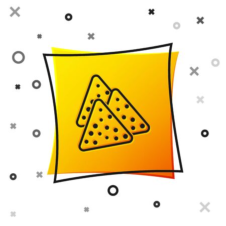 Black Nachos icon isolated on white background. Tortilla chips or nachos tortillas. Traditional mexican fast food. Yellow square button. Vector Illustrationのイラスト素材