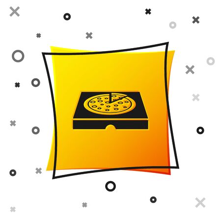 Black Pizza in cardboard box icon isolated on white background. Box with layout elements. Yellow square button. Vector Illustrationのイラスト素材