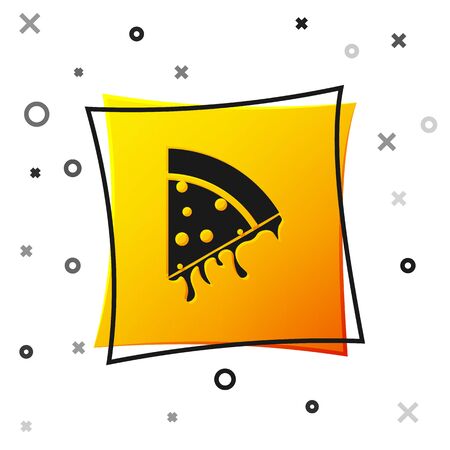 Black Slice of pizza icon isolated on white background. Yellow square button. Vector Illustrationのイラスト素材