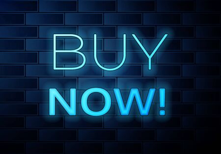 Realistic Glowing neon banner with inscription Buy now on brick wall background. Template for sticker, price tag, badge, poster, emblem, label. Vector illustrationのイラスト素材