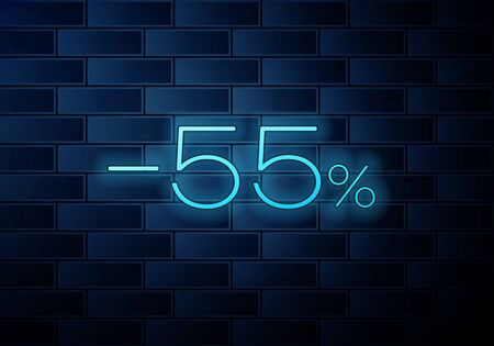 Realistic Glowing neon Sale banner with inscription Fifty five percent discount on brick wall background. Template for sticker, price tag, badge, poster,  emblem, label. Vector illustrationのイラスト素材