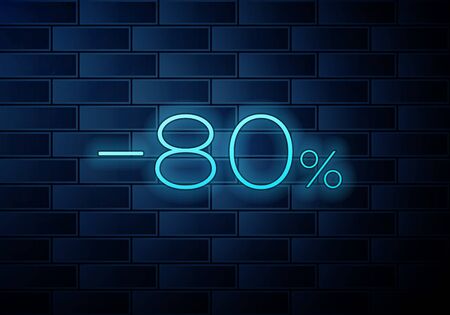 Realistic Glowing neon Sale banner with inscription Eighty percent discount on brick wall background. Template for sticker, price tag, badge, poster, emblem, label. Vector illustrationのイラスト素材