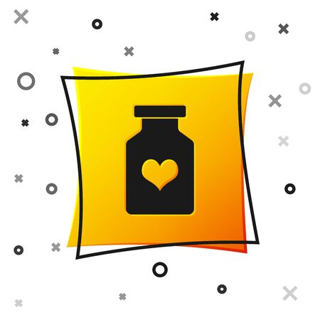 Black Medicine bottle with pills for potency, aphrodisiac icon isolated on white background. Sex pills for men and women. Yellow square button. Vector Illustrationのイラスト素材