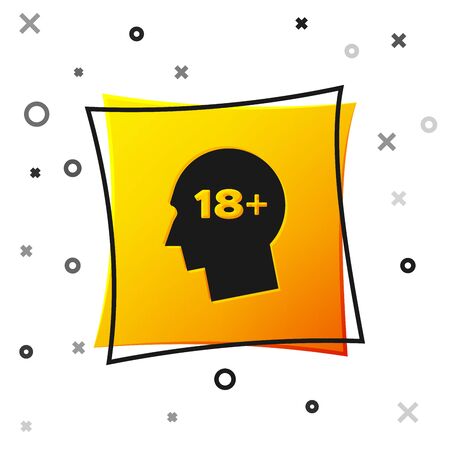 Black Human head with inscription 18 plus icon isolated on white background. 18 plus content sign. Adults content only icon. Yellow square button. Vector Illustrationのイラスト素材