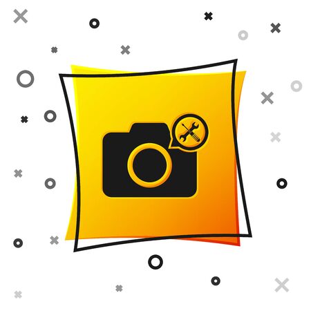 Black Photo camera with screwdriver and wrench icon isolated on white background. Adjusting, service, setting, maintenance, repair, fixing. Yellow square button. Vector Illustrationのイラスト素材