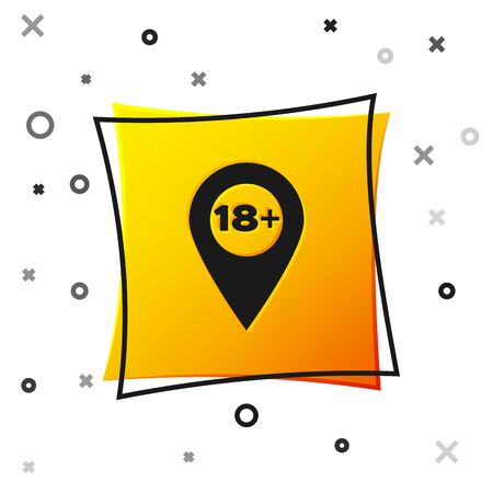 Black Map pointer with 18 plus icon isolated on white background. Age restriction symbol. 18 plus content sign. Adults content only icon. Yellow square button. Vector Illustrationのイラスト素材