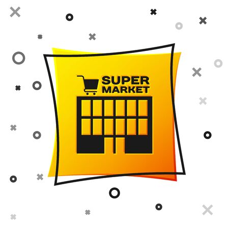 Black Supermarket building with shopping cart icon isolated on white background. Shop or store. Mall building. Yellow square button. Vector Illustrationのイラスト素材
