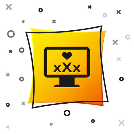 Black Computer monitor with 18 plus content heart icon isolated on white background. Age restriction symbol. XXX content sign. Adult channel. Yellow square button. Vector Illustrationのイラスト素材