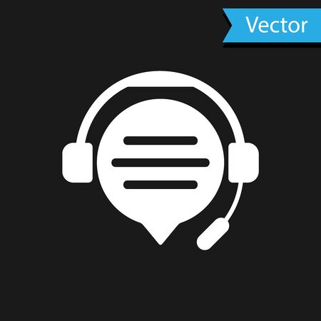 White Headphones with speech bubble chat icon isolated on black background. Support customer service, hotline, call center, faq, maintenance. Vector Illustrationのイラスト素材