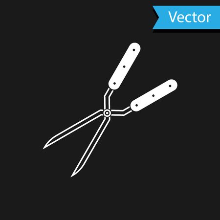 White Gardening handmade scissors for trimming icon isolated on black background. Pruning shears with wooden handles. Vector Illustrationのイラスト素材