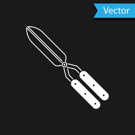 White Gardening handmade scissors for trimming icon isolated on black background. Pruning shears with wooden handles. Vector Illustrationのイラスト素材