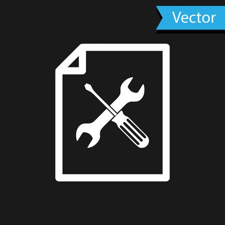 White File document with screwdriver and wrench icon isolated on black background. Adjusting, service, setting, maintenance, repair, fixing. Vector Illustrationのイラスト素材