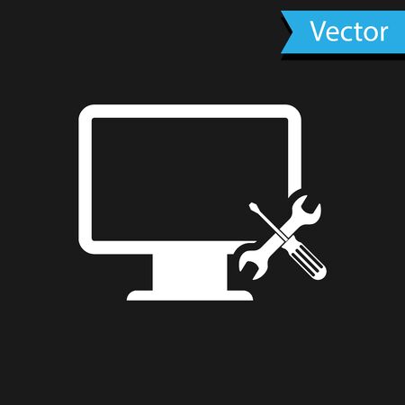 White Computer monitor with screwdriver and wrench icon isolated on black background. Adjusting, service, setting, maintenance, repair, fixing. Vector Illustrationのイラスト素材