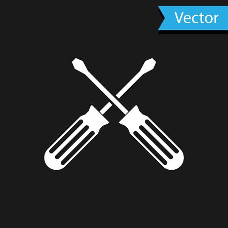 White Crossed screwdrivers icon isolated on black background. Service tool symbol. Vector Illustrationのイラスト素材