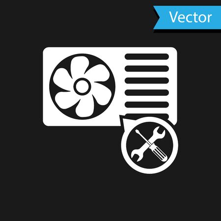 White Air conditioner with screwdriver and wrench icon isolated on black background. Adjusting, service, setting, maintenance, repair, fixing. Vector Illustrationのイラスト素材