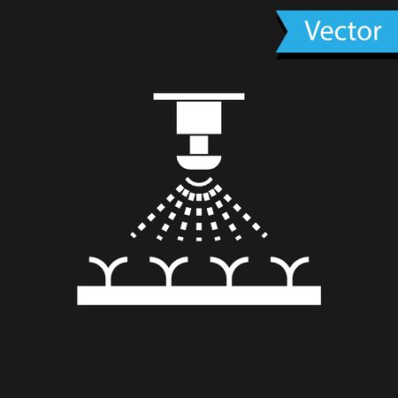 White Automatic irrigation sprinklers icon isolated on black background. Watering equipment. Garden element. Spray gun icon. Vector Illustrationのイラスト素材