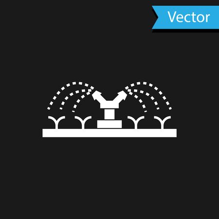 White Automatic irrigation sprinklers icon isolated on black background. Watering equipment. Garden element. Spray gun icon. Vector Illustrationのイラスト素材