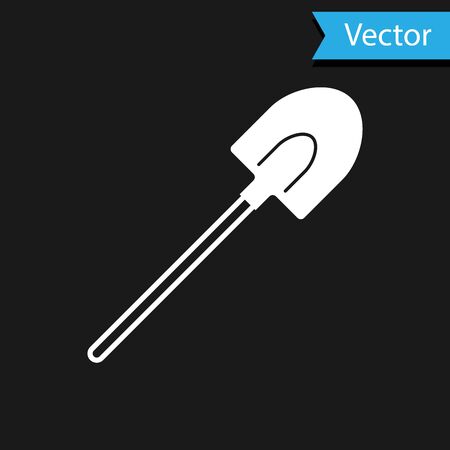 White Garden shovel icon isolated on black background. Gardening tool. Tool for horticulture, agriculture, farming. Vector Illustrationのイラスト素材
