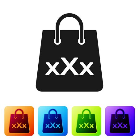 Black Shopping bag with a triple X icon isolated on white background. Set icon in color square buttons. Vector Illustrationのイラスト素材