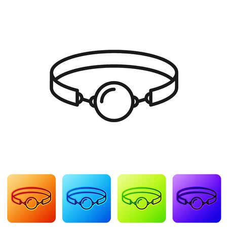 Black Silicone ball gag with a leather belt icon isolated on white background. Fetish accessory. Sex toy for men and woman. Set icon in color square buttons. Vector Illustrationのイラスト素材