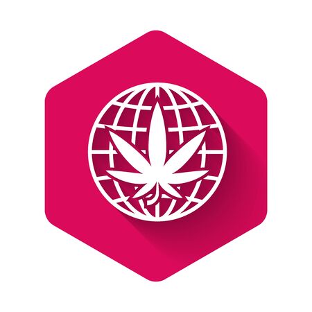 White Legalize marijuana or cannabis globe symbol icon isolated with long shadow. Hemp symbol. Pink hexagon button. Vector Illustrationのイラスト素材