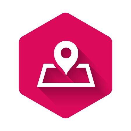White Placeholder on map paper in perspective icon isolated with long shadow. Pink hexagon button. Vector Illustrationのイラスト素材