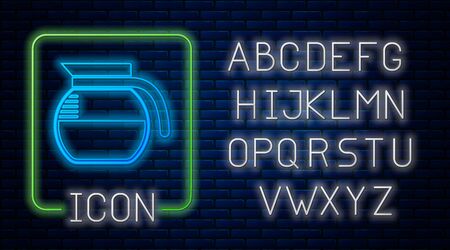 Glowing neon Coffee pot icon isolated on brick wall background. Neon light alphabet. Vector Illustrationのイラスト素材