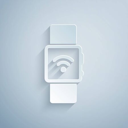 Paper cut Smartwatch with wireless symbol icon isolated on grey background. Paper art style. Vector Illustrationのイラスト素材