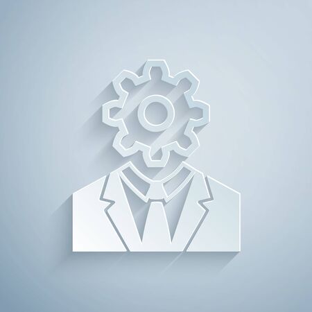 Paper cut Human head with gear inside icon isolated on grey background. Artificial intelligence. Thinking brain sign. Symbol work of brain. Paper art style. Vector Illustrationのイラスト素材