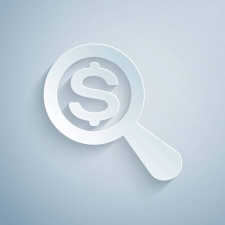 Paper cut Magnifying glass and dollar icon isolated on grey background. Find money. Looking for money. Paper art style. Vector Illustrationのイラスト素材