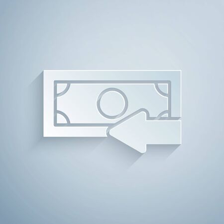 Paper cut Cash back icon isolated on grey background. Financial services, money refund, return on investment, savings account, currency exchange. Paper art style. Vector Illustrationのイラスト素材