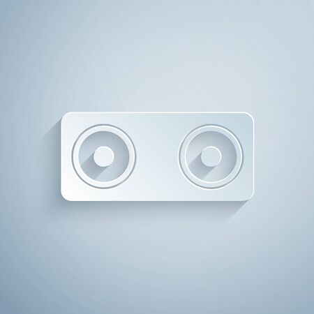Paper cut Stereo speaker icon isolated on grey background. Sound system speakers. Music icon. Musical column speaker bass equipment. Paper art style. Vector Illustrationのイラスト素材
