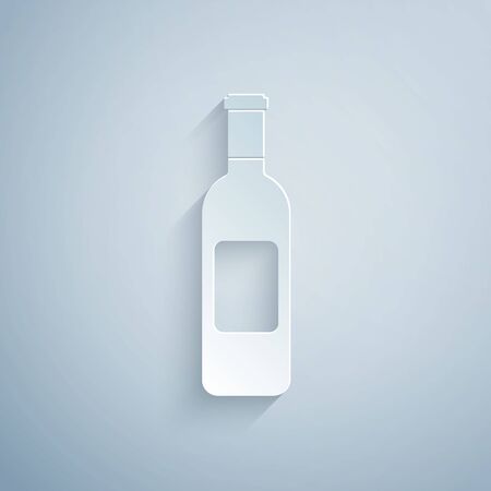 Paper cut Bottle of wine icon isolated on grey background. Paper art style. Vector Illustrationのイラスト素材