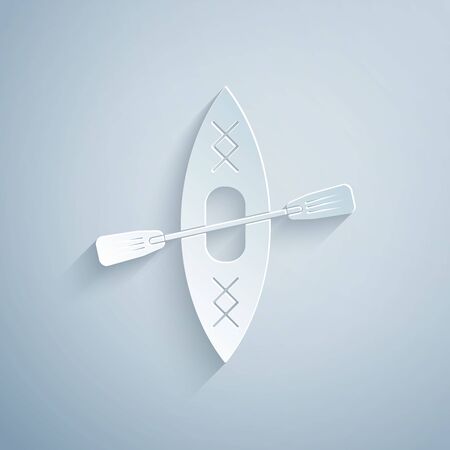 Paper cut Kayak and paddle icon isolated on grey background. Kayak and canoe for fishing and tourism. Outdoor activities. Paper art style. Vector Illustrationのイラスト素材
