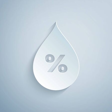 Paper cut Water drop percentage icon isolated on grey background. Humidity analysis. Paper art style. Vector Illustrationのイラスト素材