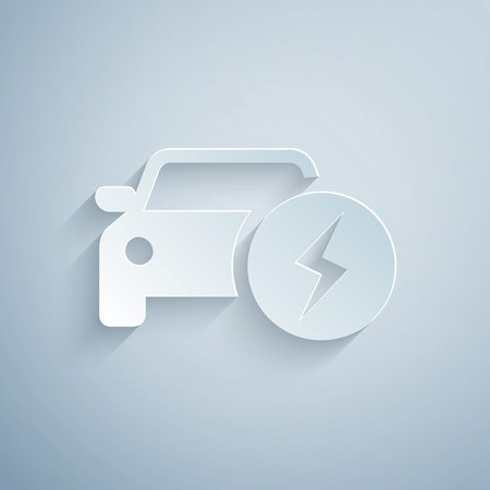 Paper cut Electric car and electrical cable plug charging icon isolated on grey background. Renewable eco technologies. Paper art style. Vector Illustrationのイラスト素材