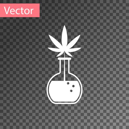 White Chemical test tube with marijuana or cannabis leaf icon isolated on transparent background. Research concept. Laboratory CBD oil concept. Vector Illustrationのイラスト素材