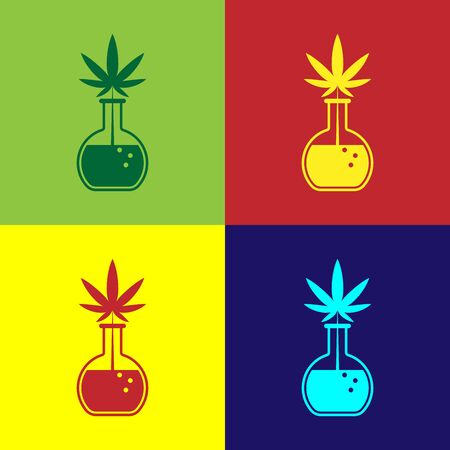 Color Chemical test tube with marijuana or cannabis leaf icon isolated on color background. Research concept. Laboratory CBD oil concept. Vector Illustrationのイラスト素材