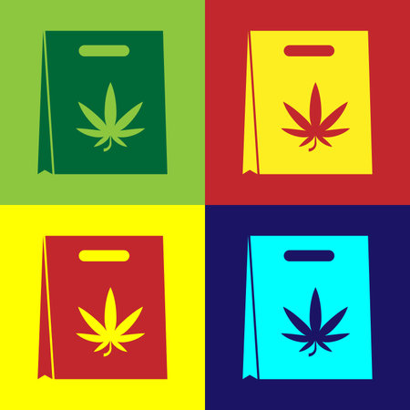 Color Shopping paper bag of medical marijuana or cannabis leaf icon isolated on color background. Buying cannabis. Hemp symbol. Vector Illustrationのイラスト素材