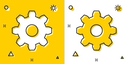 Black Gear icon isolated on yellow and white background. Cogwheel gear settings sign. Cog symbol. Random dynamic shapes. Vector Illustrationのイラスト素材
