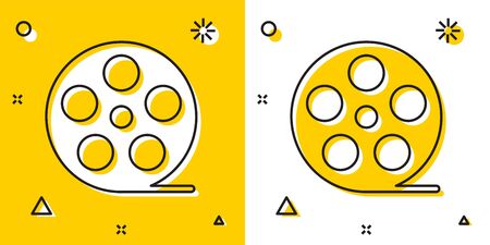Black Film reel icon isolated on yellow and white background. Random dynamic shapes. Vector Illustrationのイラスト素材
