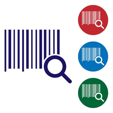 Blue Search barcode icon isolated on white background. Magnifying glass searching barcode. Barcode label sticker. Research barcode. Set color icons in circle buttons. Vector Illustrationのイラスト素材