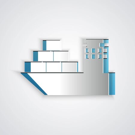 Paper cut Cargo ship icon isolated on grey background. Paper art style. Vector Illustrationのイラスト素材