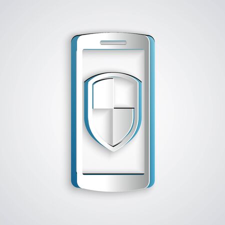 Paper cut Smartphone, mobile phone with security shield icon isolated on grey background. Paper art style. Vector Illustrationのイラスト素材