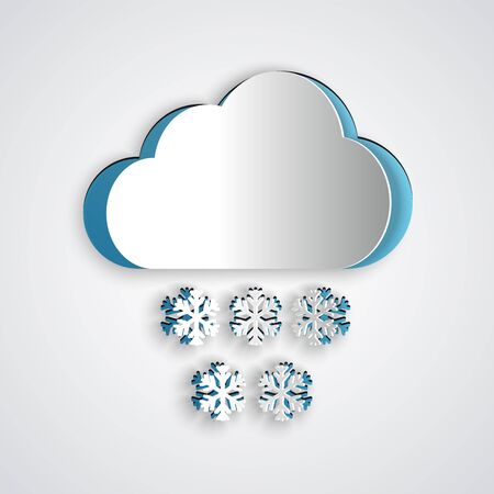 Paper cut Cloud with snow icon isolated on grey background. Cloud with snowflakes. Single weather icon. Snowing sign. Paper art style. Vector Illustrationのイラスト素材