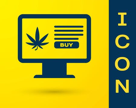 Blue Computer monitor and medical marijuana or cannabis leaf icon isolated on yellow background. Online buying symbol. Supermarket basket. Vector Illustrationのイラスト素材