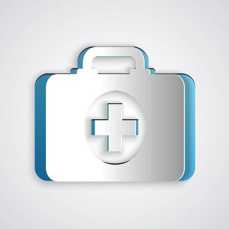 Paper cut First aid kit icon isolated on grey background. Medical box with cross. Medical equipment for emergency. Healthcare concept. Paper art style. Vector Illustrationのイラスト素材