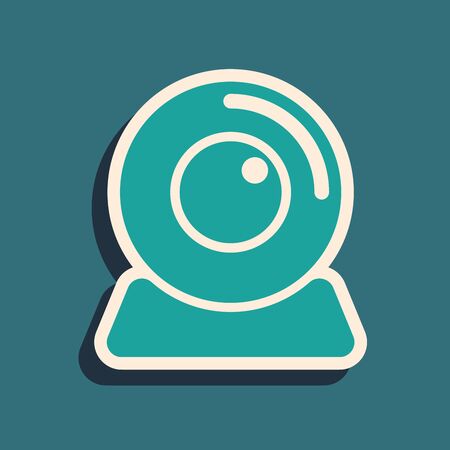 Green Web camera icon isolated on blue background. Chat camera. Webcam icon. Long shadow style. Vector Illustrationのイラスト素材