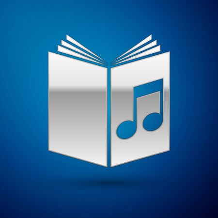 Silver Audio book icon isolated on blue background. Musical note with book. Audio guide sign. Online learning concept. Vector Illustrationのイラスト素材